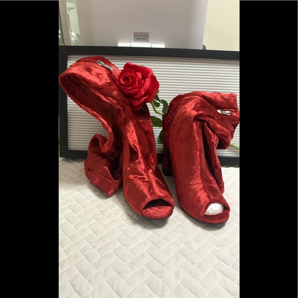 Velvet peep toe over the knee burgundy long boots - Picture 7 of 8